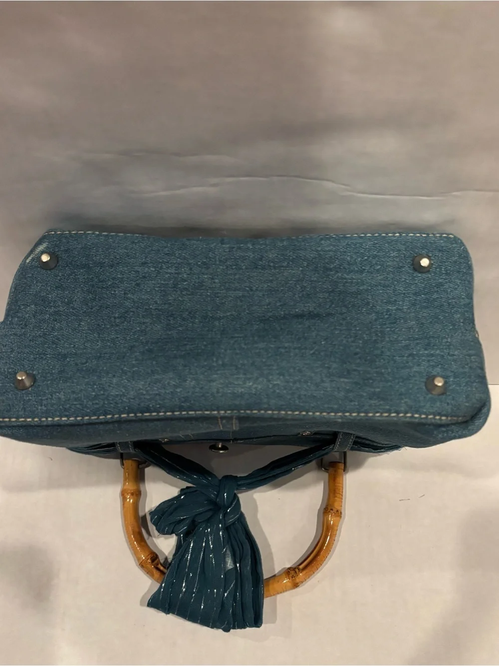 Bottega Blu Blue Denim Tote with Bamboo Handles and Tie Accent